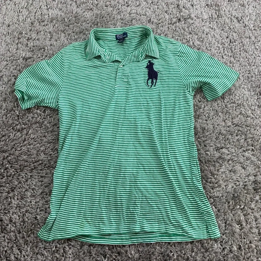 Polo Ralph Lauren Kids XL 18-20 Green White Striped Big‎ Pony Polo Shirt